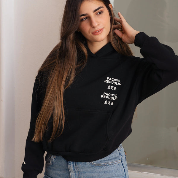 Short cotton hoodie-Black