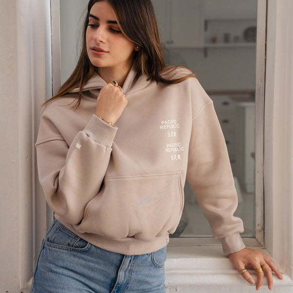 Short cotton hoodie-Beige