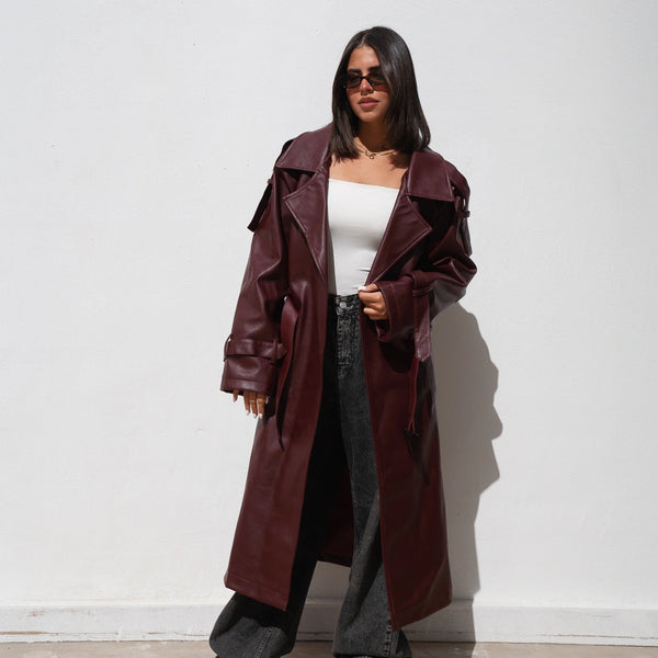 Leather trench coat-Burgundy