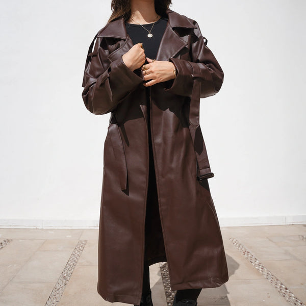 Leather trench coat-Brown