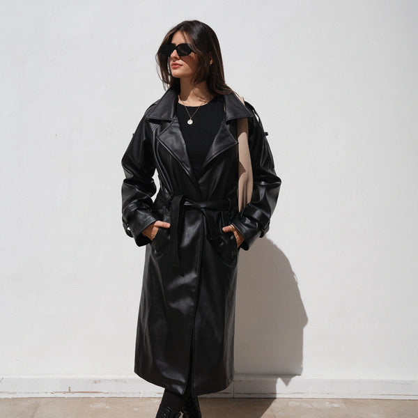Leather trench coat-Black